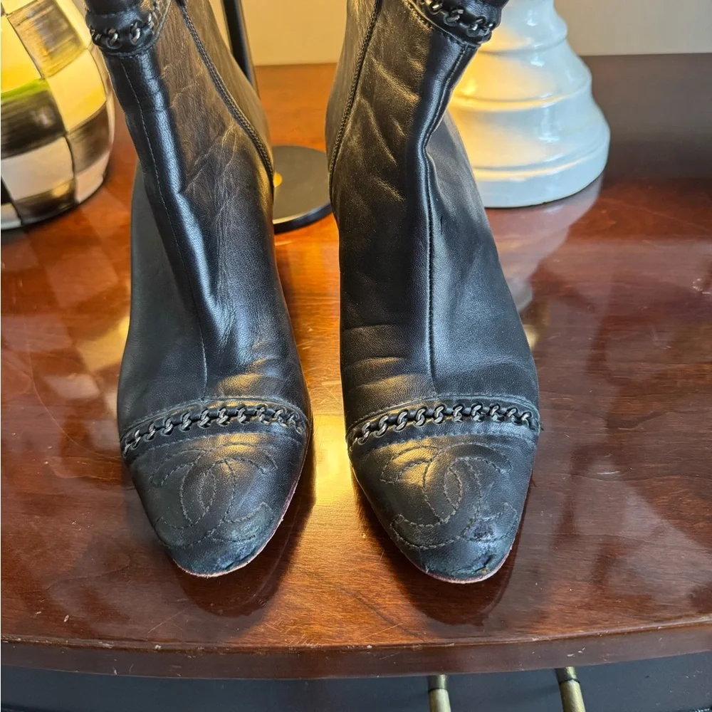 CHANEL Black Leather Ankle Booties - Picture 1 of 12